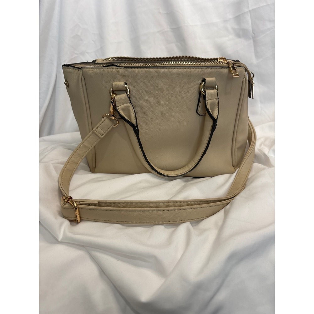 Beige Saffiano Faux Leather Satchel Crossbody Bag Gold Hardware Chevron‎ Lining
